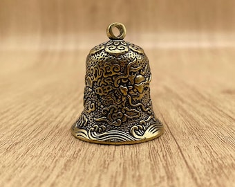 Brass Dragon Bell Charm Keychain – Antique Chinese Lucky Amulet, Feng Shui Protection Pendant for Bag, Car, or Keys