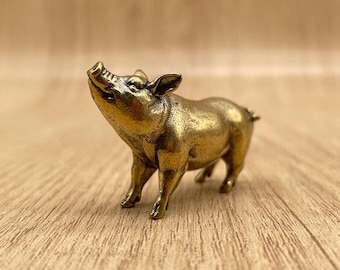 Solid Brass Pig Figurine for Wealth and Happiness – Vintage Copper Chinese Zodiac Pig Sculpture for Home or Office Decor
