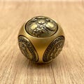 Mini Brass Rotating Ball Figurine – Vintage Copper Six-Sided Fortune Spinner with Taichi and Lucky Symbols – Zen Decor and Fidget Toy