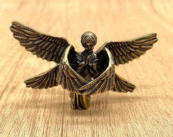 Brass Six-Winged Angel Figurine – Vintage Copper Guardian Angel Statue for Protection, Prayer, Desk, or Meditation Decor