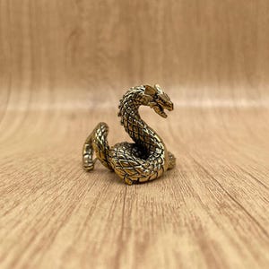 Coiled Brass Snake Figurine with Dragon Horns – Copper serpent statue - Eastern Myth Inspired Miniature Symbol of Wisdom & Protection