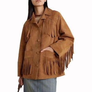 Vintage Fringe Suede Jacket 70s Western Brown Leather Coat  Boho Cowgirl Festival Outerwear Unisex Retro Style