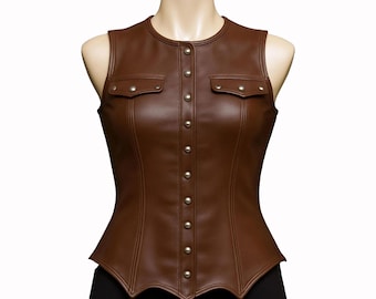 Handmade Leather Corset Vest: Brown Steampunk Renaissance Top