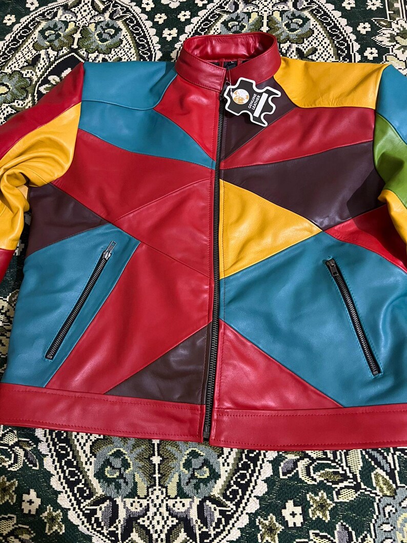 Retro Color Block Jacket Handmade Patchwork Leather Biker Jacket: 90s Retro Color Block Coat - Etsy