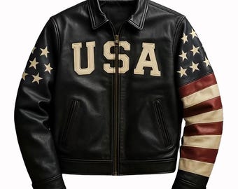 Giacca da motociclista in pelle con bandiera USA fatta a mano: cappotto da motociclista patriottico