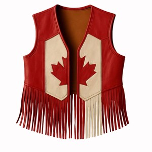 Kanadische Flagge Leder Fransen Weste Handgefertigt Unisex Rot & Weiß Western Festival Outfit Maple Leaf Rodeo Kostüm Patriotic Canada Day Weste