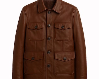Handmade Brown Leather Field Jacket: Vintage Military Style Utility Coat