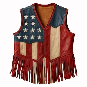 American Flag Fringe Leather Vest USA 4th of July Cowboy Outfit Patriotic Biker Festival Wear Handmade Western Vest