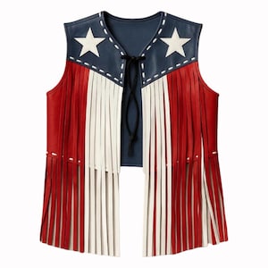 American Flag Leather Fringe Vest Handmade Western Biker Rodeo Outfit Patriotic USA Festival Wear Unisex Cowboy Style