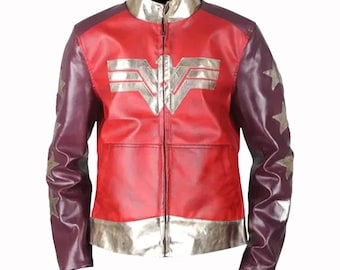 Skórzana kurtka cosplay Wonder Man: czerwono-złoty kostium superbohatera