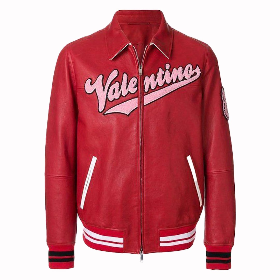 Red Varsity Bomber Jacket for Men Valentino Inspired Cowhide