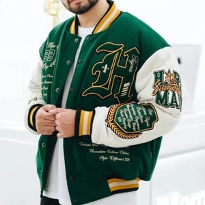 Green Tiger Varsity Jacket  90s Retro College Style  Full Embroidered Baseball Bomber  Streetwear Letterman Jacket  Unisex Vintage Outerwear
