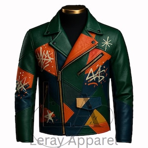 Handmade Color Block Leather Jacket  Graffiti Streetwear Biker Jacket  Urban Style Men&#39;s Festival Fashion Coat