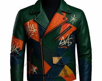 Handmade Graffiti Leather Biker Jacket: Color Block Streetwear