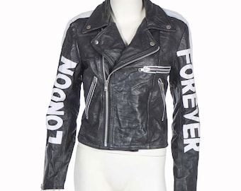 Vintage BOY London Leather Jacket  Hand-Painted 90s Punk Rock Biker Jacket  Black Moto Jacket with Graphic Eagle Print  Unisex Streetwear