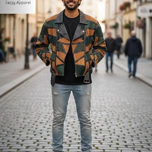 Chaqueta motera de cuero con parches para hombre - Chaqueta de motociclista geométrica de ante vintage