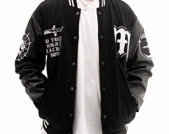 Godspeed Varsity Jacket – Black Wool Bomber With Skeleton