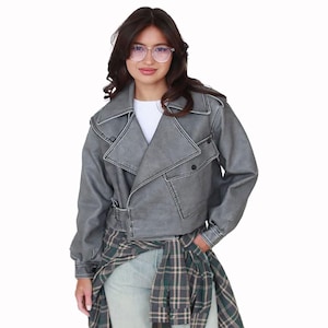 Vintage Grey Faux Leather Biker Jacket: 90s Cropped Oversized Coat