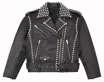 Handmade Studded Black Leather Biker Jacket: Women's Moto Punk Coat