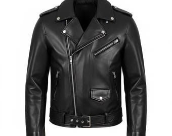 Genuine Leather Slim Fit Biker Jacket Men Black - Handmade Moto Belt Style