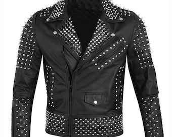 Handmade Studded Cowhide Leather Biker Jacket: Punk Rock Moto Style