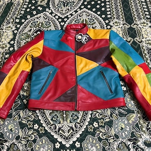 Handmade Patchwork Leather Biker Jacket: 90s Retro Color Block Coat