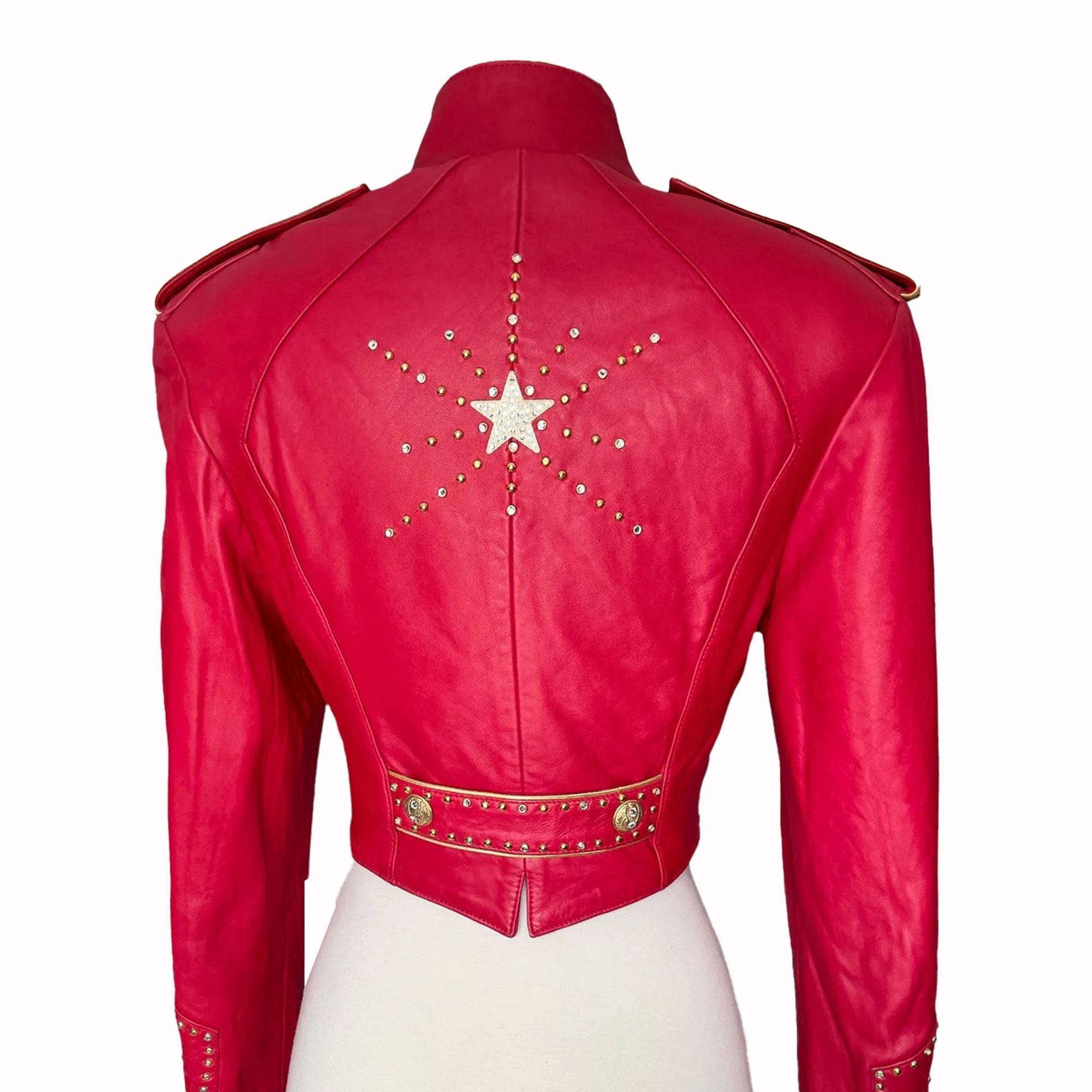 Red Cropped Leather Jacket: Rhinestone Studded Military Biker Coat - Etsy