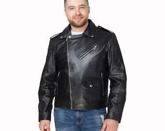 Chaqueta de motociclista de cuero genuino para hombre, color negro, hecha a mano, estilo motociclista.