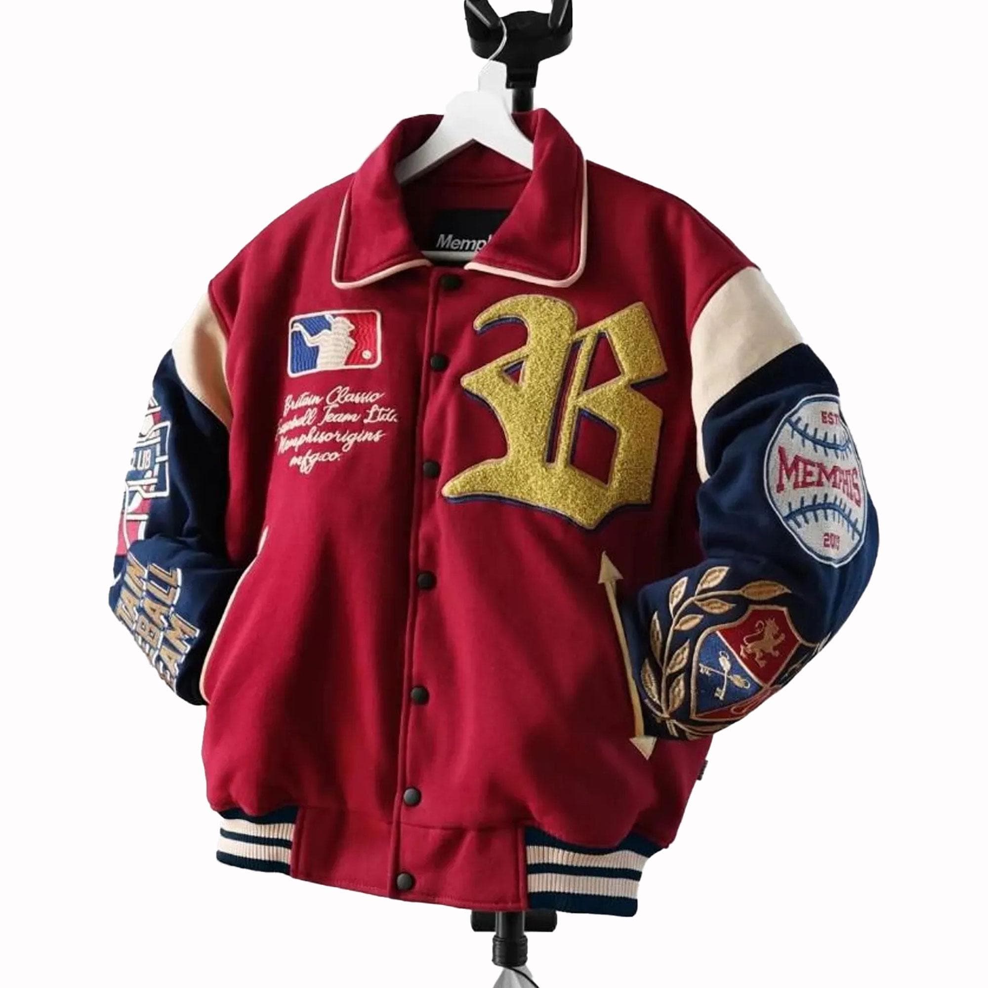 Embroidered Britain Varsity Jacket: Vintage Red Wool Blend Bomber 