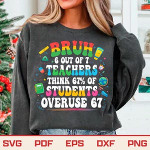 May include: Dark gray sweatshirt with the text "BRUH + 6 OUT OF 7 TEACHERS THINK 67% OF STUDENTS OVERUSE 67" in colorful, playful lettering. The design includes school-themed graphics.