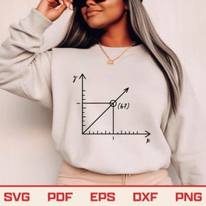 May include: A light beige sweatshirt with a black graph showing the point (6,7). The graph has x and y axes with arrows. Below the sweatshirt are the words SVG, PDF, EPS, DXF, and PNG.
