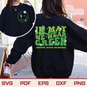 En mayo nos vestimos de verde (Svg/Png), conciencia de la salud mental (Svg), lazo verde retro de moda para la conciencia de la salud mental (anverso y reverso) SVG