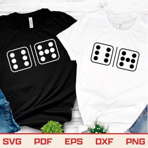 May include: Two t-shirts, one black and one white, each featuring a white domino graphic. The domino design has six dots on one side and seven dots on the other. The bottom of the image displays the text "SVG PDF EPS DXF PNG".