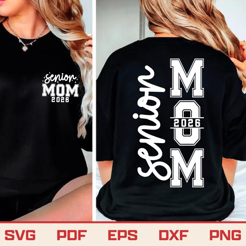 May include: Black t-shirt with the text "Senior Mom 2026" in white on the front and back. The back design features the word "Senior" vertically, and "MOM 2026 M" in a collegiate style. The shirt is a casual wear item.