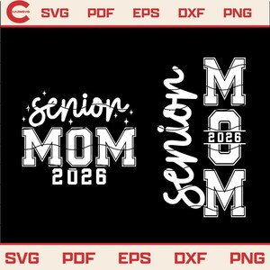 May include: Black graphic design with the words "Senior MOM 2026" in white, with a decorative string of lights. The design is repeated on the right side, with the words "Senior Mom" stacked vertically.