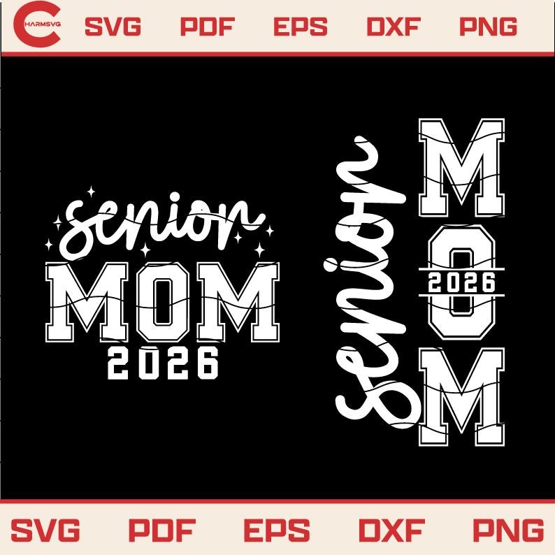 May include: Black graphic design with the words "Senior MOM 2026" in white, with a decorative string of lights. The design is repeated on the right side, with the words "Senior Mom" stacked vertically.