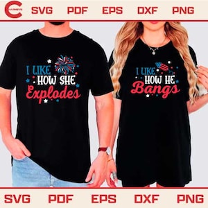 May include: Matching black t-shirts with patriotic text. One shirt says "I LIKE HOW SHE Explodes" with a firework graphic. The other shirt says "I LIKE HOW HE Bangs" with a firework graphic. Both shirts have red, white, and blue text.