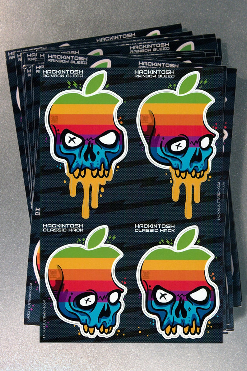 Hackintosh Apple Skull Logo Custom Mash Up MacBook iPhone Laser Printed Stickers Deluxe Full Sheet 4 Decals Per Set image 1