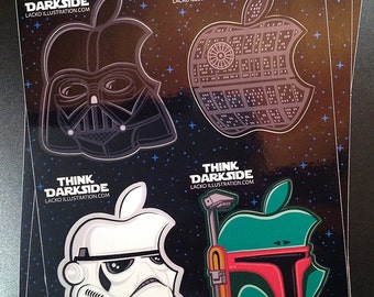 Think Dark Side - Star Wars / Mac logo mash-up Macbook iPhone custom full sheet sticker decal set (4 stickers per set)