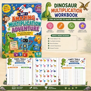 Werkboek Dinosaurussen Vermenigvuldiging (Printbaar PDF) | Tafels van 1-16 | Wiskundeactiviteiten voor kinderen van 6-10 jaar | Werkbladen voor thuisonderwijs
