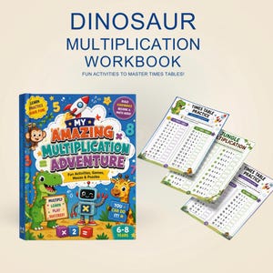 Cuaderno de ejercicios de multiplicación de dinosaurios en PDF imprimible / Tablas de multiplicar del 1 al 16 / Actividades de matemáticas para niños de 6 a 10 años / Hojas de trabajo para la educación en casa