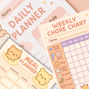 May include: A collection of pastel-colored daily and weekly planners. The "DAILLY PLANNER" and "MEAL PLANNER" have cute cartoon animal illustrations. The "WEEKLY CHORE CHART" includes a checklist with icons for daily activities. The text is in a playful font.