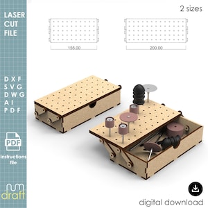 Puede incluir: Un archivo de corte láser para un organizador de herramientas de madera. El organizador es de color marrón claro con una parte superior perforada y un cajón. La imagen muestra dos tamaños, con dimensiones de 15,5 cm y 20 cm. También incluye el texto "descarga digital".
