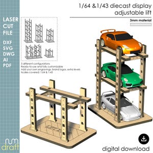 1/64 & 1/43 Scale Car Lift, Laser Cut File, Diecast Display, Wooden Diorama Garage