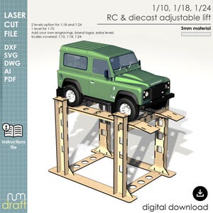 1/10, 1/18, 1/24 Scale RC & Diecast Car Lift, Laser Cut File, Diecast Display