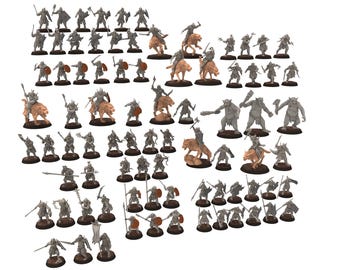 May include: A collection of miniature fantasy figures, including warriors, riders on beasts, and trolls. The figures are primarily gray, with some tan-colored mounts. They are arranged on brown bases, suggesting a tabletop game or collectible set.