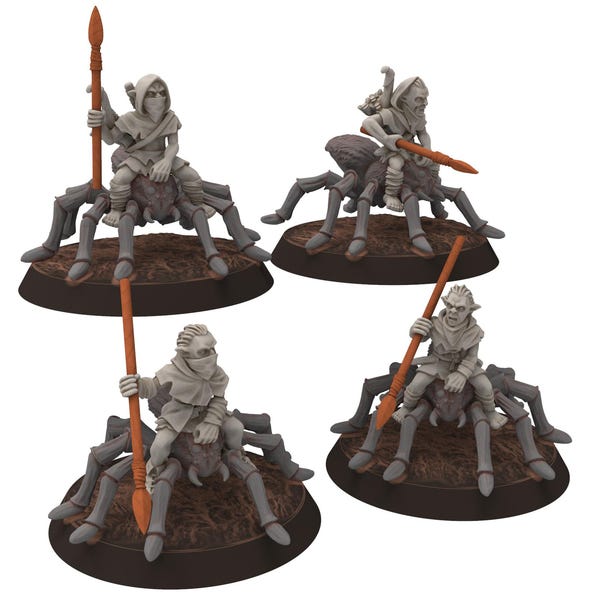Goblin cave - Goblin Marauders on Spiders with Spears and bows - Tamed forest Spiders - Darkholm - Medbury miniatures
