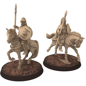 May include: Two beige-colored miniature figurines of mounted knights. Each knight is armored, holding a spear and shield. The horses are also beige and stand on a brown circular base. The knights are facing forward.