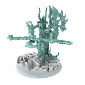 May include: A light green figurine of a horned humanoid figure in armor, holding a double-bladed weapon. The figure stands on a circular base with a cracked, stone-like texture. The figure has a detailed design.