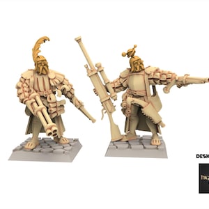 May include: Two beige miniature soldier figures, each holding a weapon. One figure holds a large rifle, the other a multi-barrelled gun. Both wear ornate armour and helmets. The figures stand on grey, stone-like bases. Designed by highlands miniatures.
